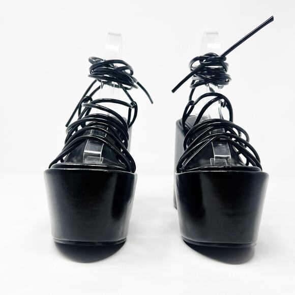 [Dolls Kill] SIMMI London Black Faux Leather Nolia Lace Up Platform Wedges Sz 6 - Picture 2 of 10